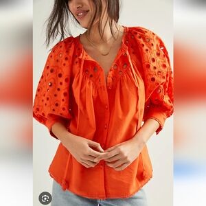 Anthropologie ~ Chantal Eyelet Puff Sleeve Blouse – Neon Orange XS